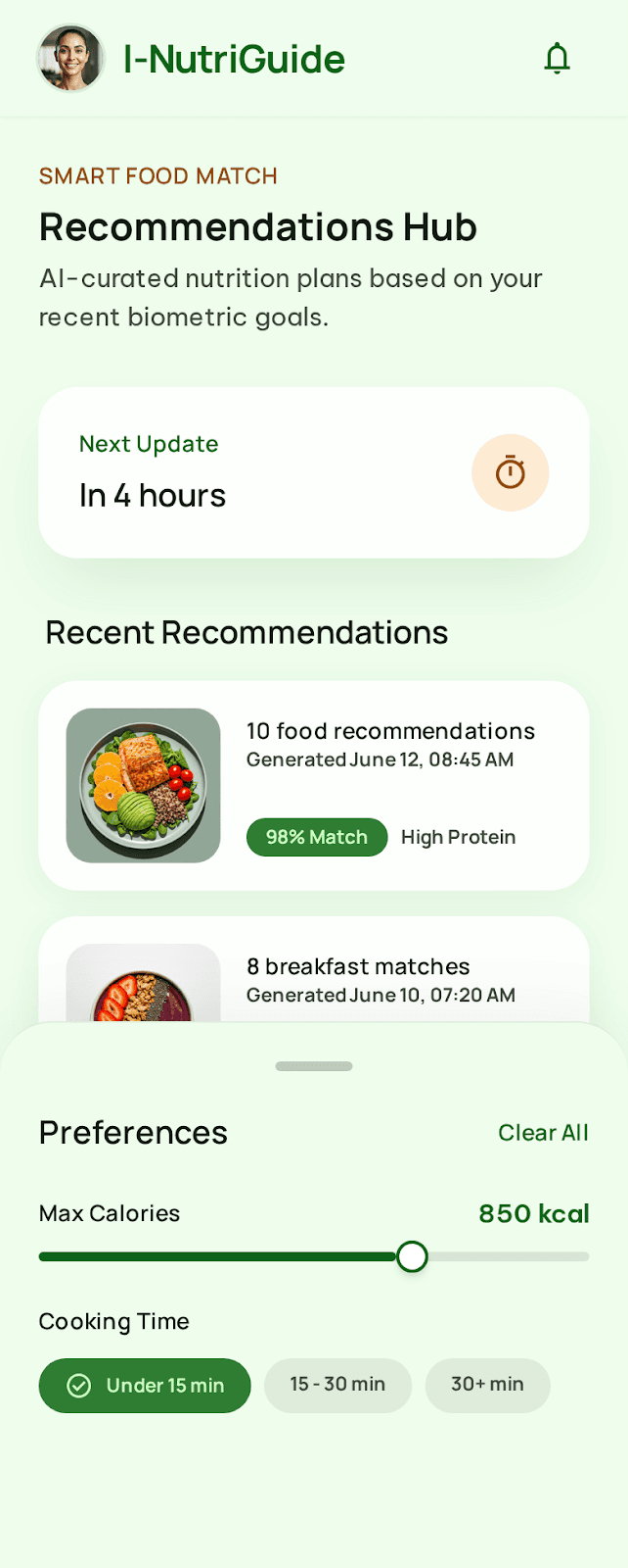 I-NutriGuide recommendations screen